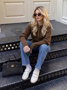 Autumn Brown Crew Neck Knit Sweater For Women Half Button Ribbed Waist Long Sleeve Soft Knit Tops Casual Fall Daily Outfits - Coffee Brown - View 11