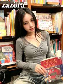 Kaos Lengan Panjang Leher V Dalam Warna Abu-abu Vintage, Atasan Camisole Pendek dengan Hiasan Renda untuk Wanita - Dark Grey - View 3