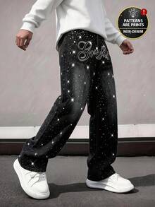 Boys' Autumn/Winter Wide Leg Long Pants With Starry Rhinestone & Letter Print, Denim Effect, American Hip-Hop High Street Casual Trousers - Black - View 2