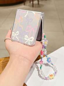 1PC Fashion Matte PC Material Simple And Cute Bow Element Folding Phone Case, Paired With Same Color Bracelet, Can Protect And Prevent Falling For: SamsungGalaxy Zflip 3/Zflip 4/Zflip 5/Zflip 6/Zflip 7/Zflip 8/ Razr 60/ Razr 50/ Razr 70/Galaxy Z Flip7 FE - Clear - View 1