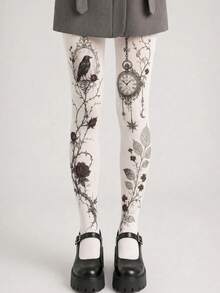 1 Par de Meia-Calça com Estampa de Corvo, Chique e Glamourosa, Elástica e Adequada para Curvas, para Festa, Noite, Encontro e Primavera - Multicolorido - Visão 2