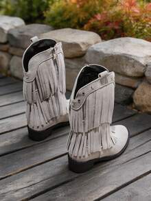 1 Pair Kids Vintage Western Cowboy Boots, Double Layer Fringe & Rivet Decor Mid-Calf Boots, Suitable For Holiday Parties, Daily Wear, Street Outings, Autumn/Winter - Grey - View 5