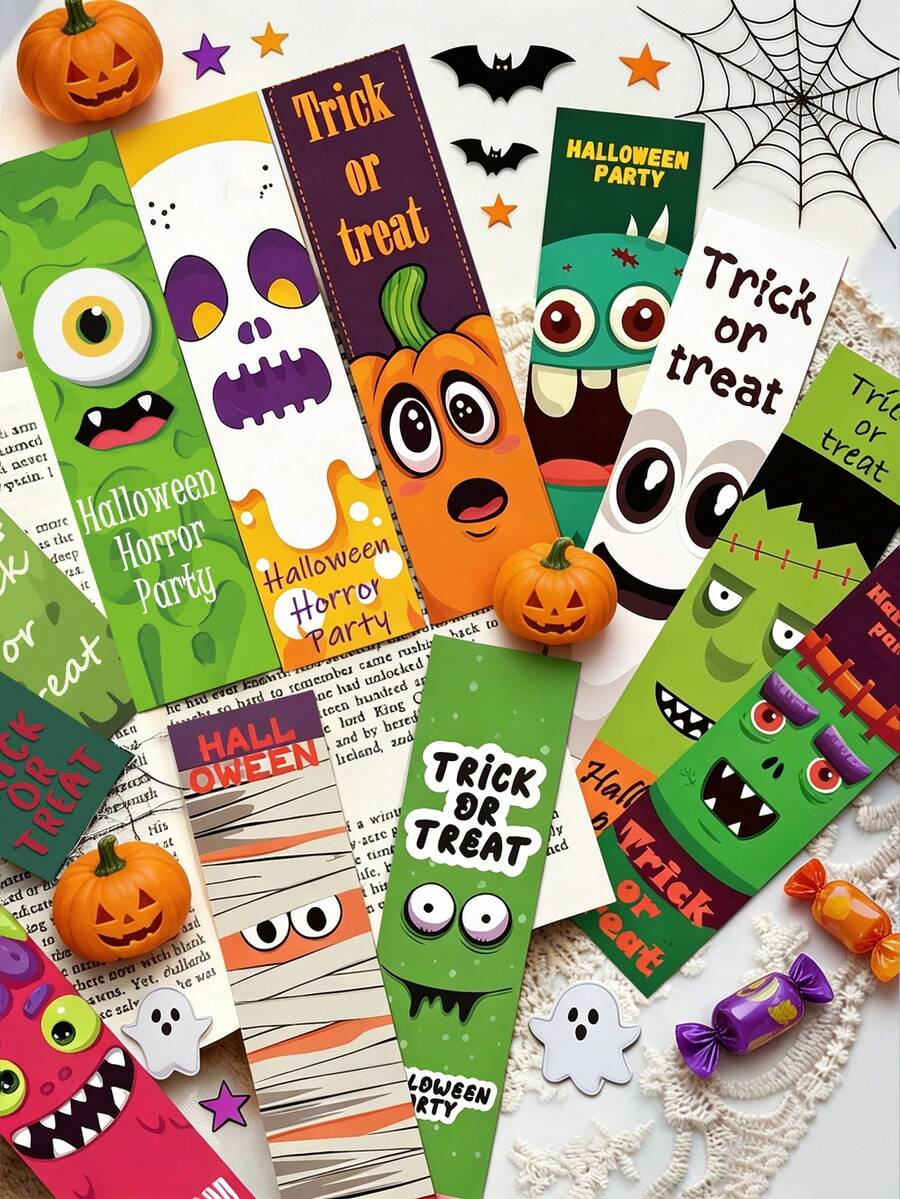 30pcs Cartoon Halloween Paper Bookmarks, Multi-Functional Reading Cards, Marker Cards, DIY Message Cards, Page Annotation Cards, Student Supplies, Suitable For Back To School Season, Birthday Gifts, Holiday Gifts - 30pcs - View 1