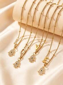1 Piece Hamsa Hand Pendant Necklace For Women With 26 Letters Charm, Zirconia Eye Design Chain Necklace, Fashion Jewelry, Suitable For Daily Wear - Multicolor - View 3