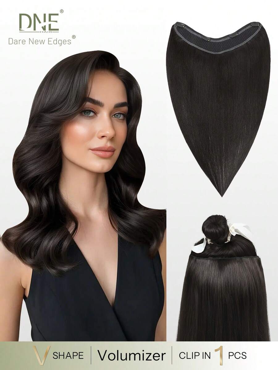 DNE HAIR V Part Clip In Hair Extension 100% Human Hair 1 Piece With 4 Clips NC# Natural Black Straight Real Human Hair For Women Easy To Style With Hair Curler And Straightener Invisible Suitable For Add Volume All Day Wear For All Hair Types&Fashion Lovers - Natural Black - View 1