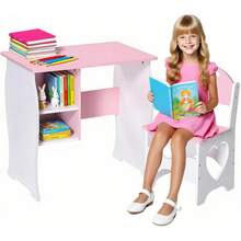 Kids Desk And Chair Set, Wooden Children Study Table With Stool, Storage Shelves, School Students Workstation For Studying, Reading And Drawing - Pink - View 2