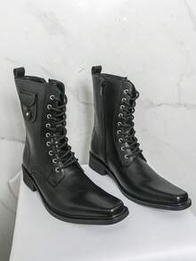Men's Lace-Up Boots Square Toe Shiny Leather Side Zipper Neat Stitching Thick Heel Structured Shape Clean Lines Suit Wedding Banquet - Black - View 8
