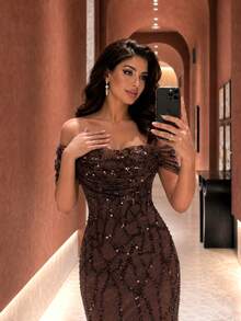 UNITHORSE Women's Off-Shoulder Sequin Elegant Waist-Cinched Evening Gown Dress - Coffee Brown - View 1