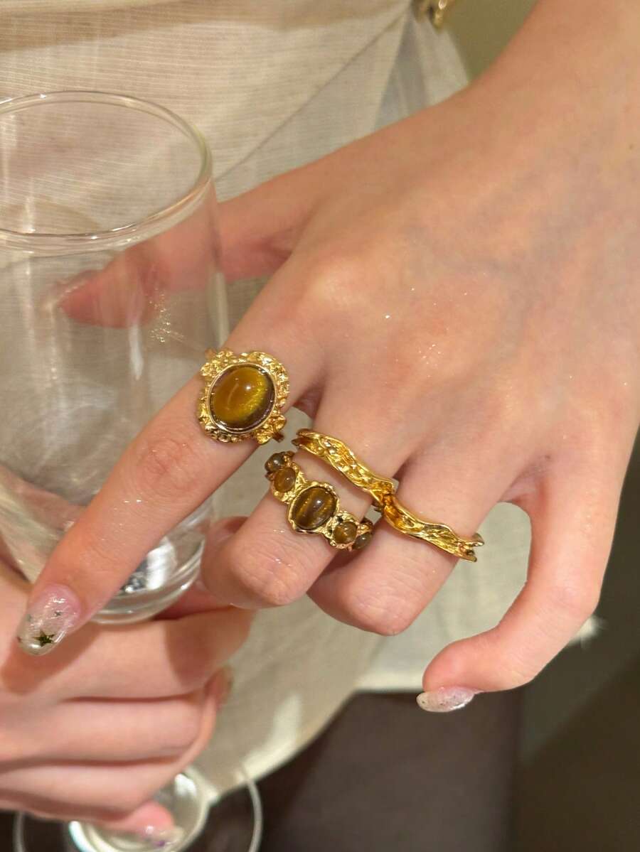 4pcs/Set Vintage Faux Tiger Eye Stone Geometric Decorative Open Rings Suitable For Women's Daily Wear - Yellow Gold - View 1