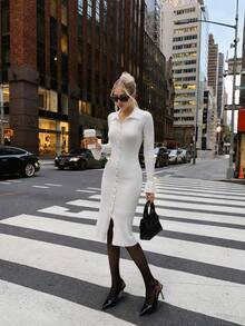 NOVELLE Women Elegant White Polo Collar Long Sleeve Fall Winter Knit Maxi Dress For Date Party Daily Commute Gathering Outing - White - View 1