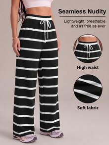 Deybera Women Black White Striped High Waist Wide Leg Pants, Drawstring Soft Casual Trousers For Lounge, Workout & Daily Wear - Black and White - View 1