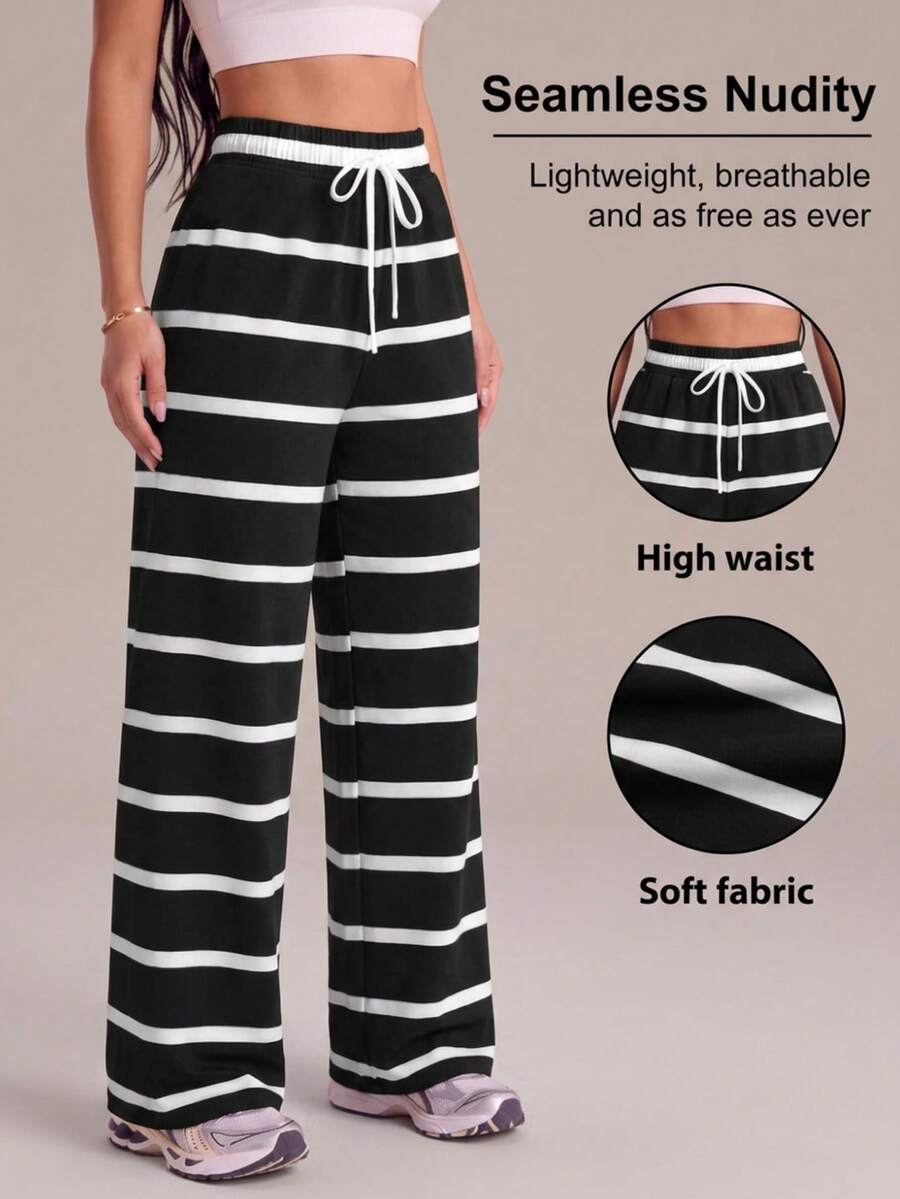Deybera Women Black White Striped High Waist Wide Leg Pants, Drawstring Soft Casual Trousers For Lounge, Workout & Daily Wear - Black and White - View 1