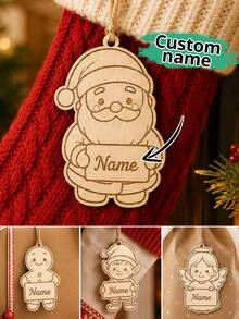 Custom Christmas Stocking Name Tag, Personalized Wooden Santa Claus Stocking Pendant, Modern Rustic Holiday Decor, Customized Clothing Label, Christmas Tree Hanging Ornament, Customizable Name Gift Tag, Christmas Gift 2026, Family, Friend, Couples - Style B - View 1