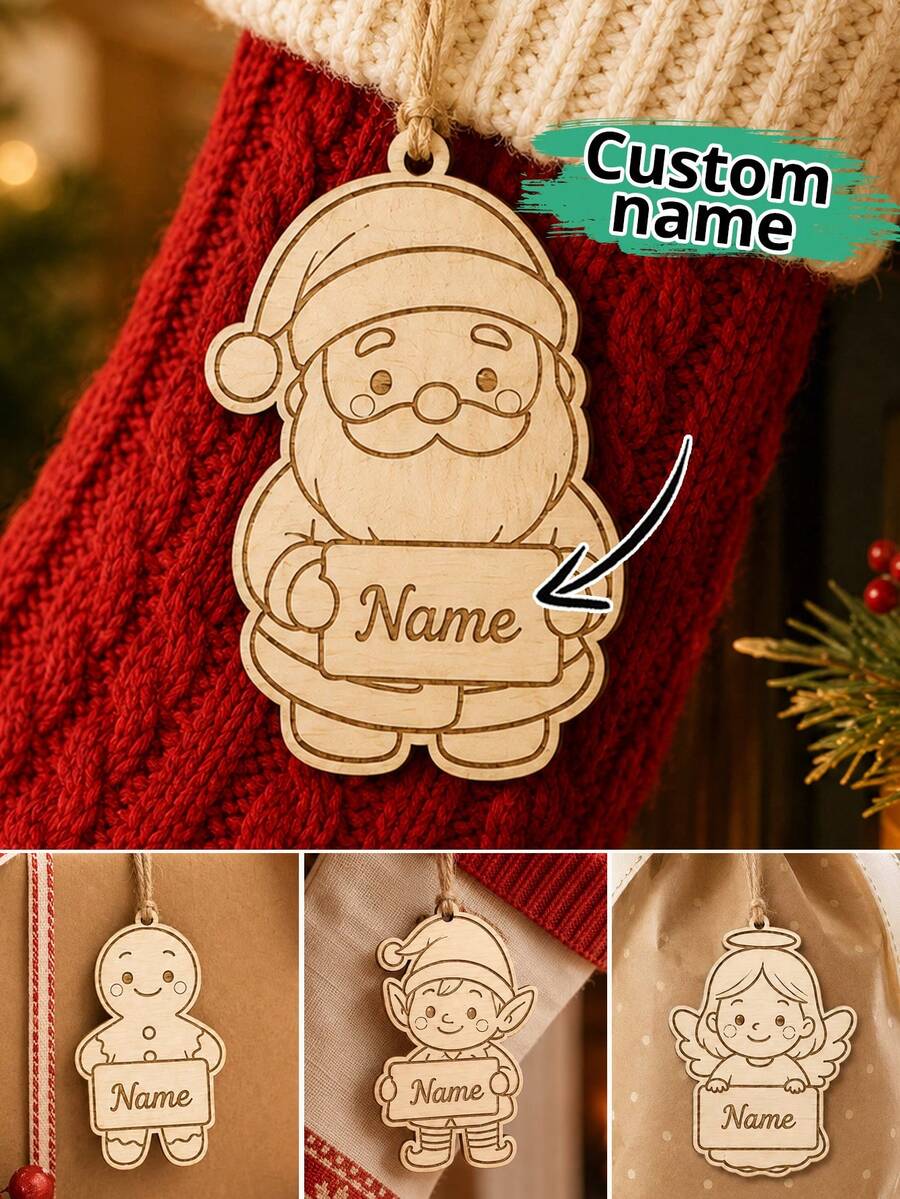 Custom Christmas Stocking Name Tag, Personalized Wooden Santa Claus Stocking Pendant, Modern Rustic Holiday Decor, Customized Clothing Label, Christmas Tree Hanging Ornament, Customizable Name Gift Tag, Christmas Gift 2026, Family, Friend, Couples - Style B - View 1