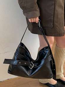 Women's Retro Oil Wax Leather Hobo Shoulder Bag, Buckle Decor Soft Underarm Purse, Casual Simple Daily Shopping Handbag - Black - View 7