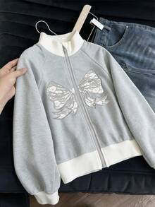 Lurzo Teen Girls Y2K Contrast Collar Zip-Up Cropped Top, Bow Pattern, Colorblock Ribbed Design, Comfortable And Soft, Suitable For Daily Outdoor Wear - Grey - View 4