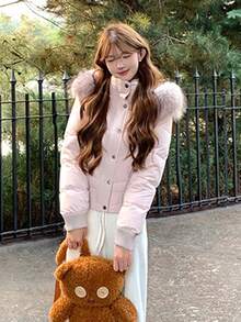 Women's Pink Oversized Fur Collar Padded Coat, Winter Warm Hooded Padded Coat - Pink - View 8