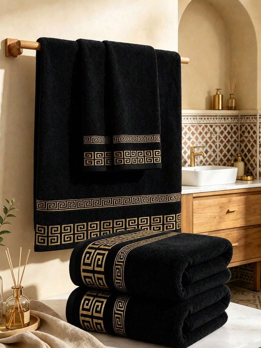 1pc/2pcs Luxury Geometric Pattern Hand Towel Set, Ultra Soft, High Absorbency, Quick Dry, Black White Gray, Suitable For Bathroom, Pool, Home Decor