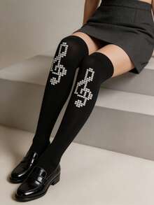 1 Pair Women's Rhinestone Music Note Hollow Socks, Sexy, Fashionable, Premium And Elegant, Perfect For Nightclubs And Parties - Multicolor - View 3