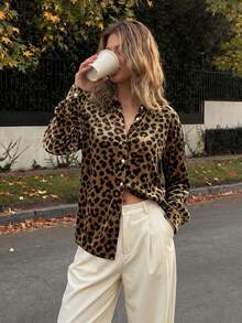 Women's Casual Leopard Print All Over Print Button Front Shirt Collar Long Sleeve Shirt Business Office Vacation Home Holiday Spring Autumn Winter - Brown - View 3