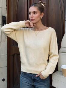 Nicenter Women's Solid Color Boat Neck Sweater, Oatmeal Soft Knit Drop Shoulder Long Sleeve Pullover, Elegant Minimal Fall Winter Knit Top - Apricot - View 9