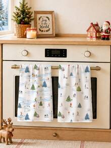 2pcs Christmas Winter Ski Resort Christmas Tree Pattern Kitchen Towels, Soft Polyester Material Dish Cloths, Suitable For Kitchen Decor, Kitchen Cleaning, Holiday Party Decoration, Kitchen Bathroom Supplies Home Essentials, Home Decor, Housewarming Gift - Multicolor - View 6