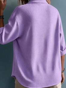 Women's Waffle Knit Collared Shirt, Elegant Loose Long Sleeve Front Button-Up Top, Solid Color Casual Autumn Blouse, Versatile For Vacation And Commuting - Purple - View 4