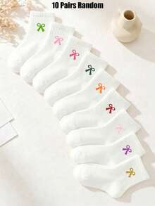 5/10 Pairs Random Style Children's Mid-Calf Socks, White With Colorful Bows, Ruffle Trim, Back To School Essential Casual Wear Socks For Baby Girls - Multicolor - View 11