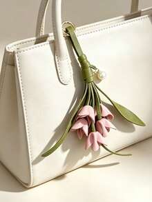 Handmade PU Leather Lily Of The Valley Keychain, Lily Of The Valley With Faux Pearl Charm, Elegant Accessory For Daily Keys And Backpacks, Unique Gift With Blessings, Suitable For Holiday Gifts And Daily Wear - View 3