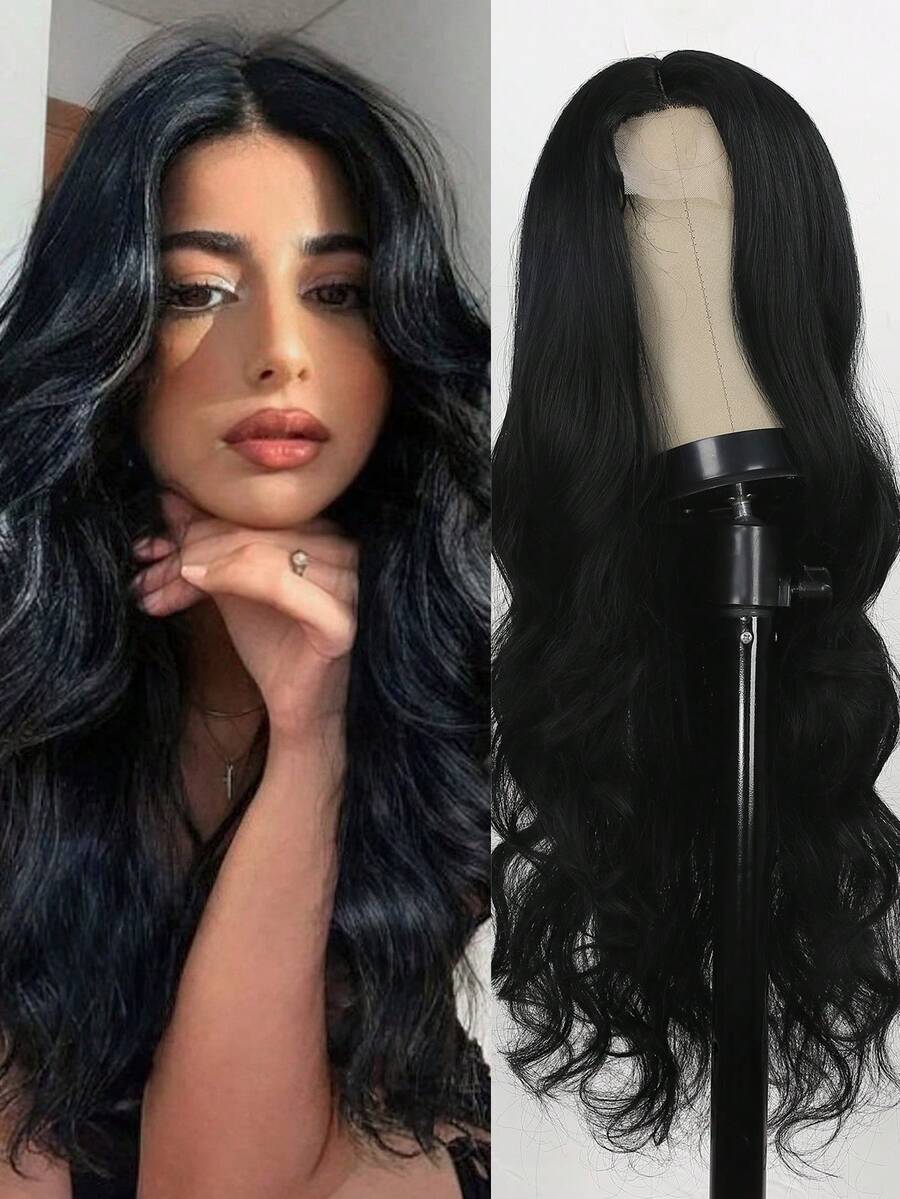 Women's Synthetic Lace Front Wig, Middle Part, 26 Inch Long Wavy Curly Hair, Black Color Optional, Heat Resistant Fiber, Halloween - Black - View 1