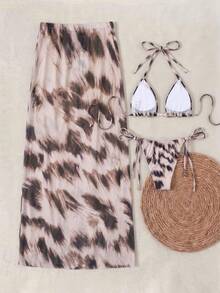 2026 New Sweet & Spicy Leopard Print Halter Bikini Long Dress 3 Pieces Set Beach Vacation Slimming Swimsuit - Multicolor - View 3
