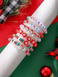6pcs/Set Christmas Letter Theme Beaded Soft Clay Bracelet Set, Children's Christmas Decoration Jewelry Party Gift - Multicolor - View 6