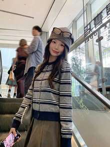 Slouchy Contrast Color Striped Round Neck Knitted Cardigan Single-Breasted Top Women Autumn/Winter Versatile Slimming Knitwear - Grey - View 4