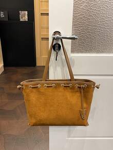 Dedoo Tote Drawstring Bag,Suede With PU Trim, Metal Eyelet Drawstring Design, No Charms Attached, Large Capacity, Autumn Winter Daily Commute For Ladies - Brown - View 6