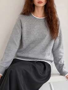 Women's New Winter Casual Minimalist Contrast Trim Design Crew Neck Pullover Sweater - Grey - View 3