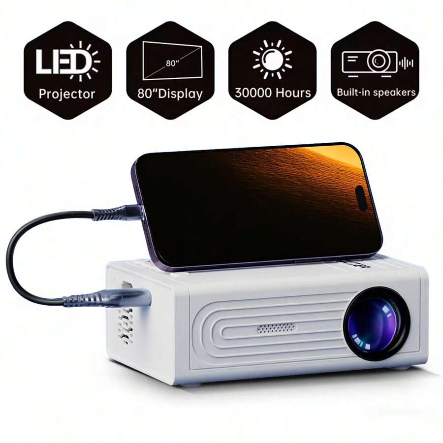 Smart Mini Portable Projector, Native 600P, Wired Home Theater Projector, 180° Adjustable Angle, Compatible With USB, Smartphone, TV Box, Laptop - High-Resolution Video Projector For Movies And Presentations - White - View 1