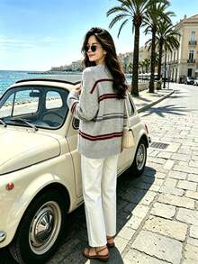 Autumn Arrival New Style Holiday Streetwear Ripped Frayed Color‑Striped Loose Casual Crew Neck Sweater - Multicolor - View 3