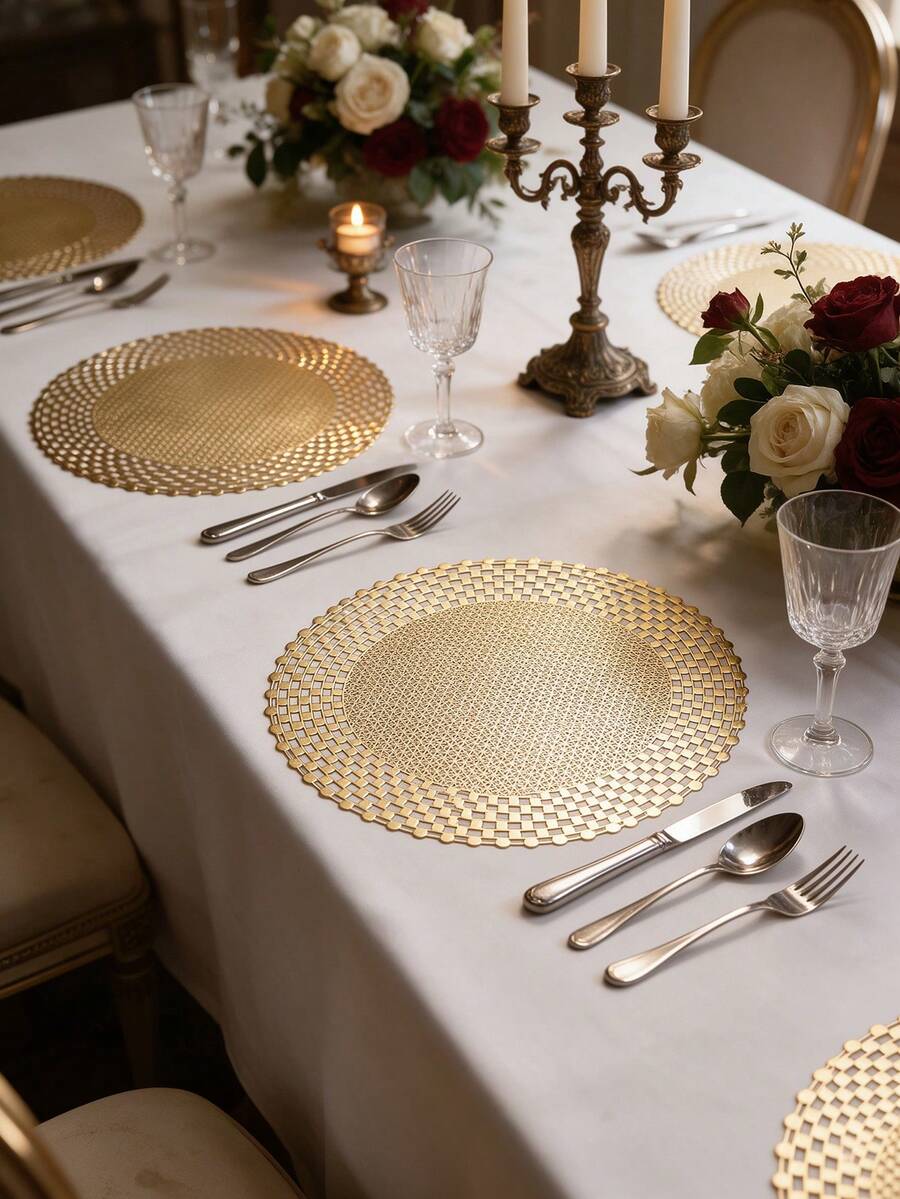 12pcs, Gold Round Hollow PVC Placemats, Washable Table Decor Mats, Non-Slip Odorless Tableware Pads, Durable High-Quality Coasters, Suitable For Restaurants, Cafes, Homestays, Compatible With Holidays, Parties, Gatherings, Birthdays, Weddings, Dinner Parties. - Multicolor - View 1