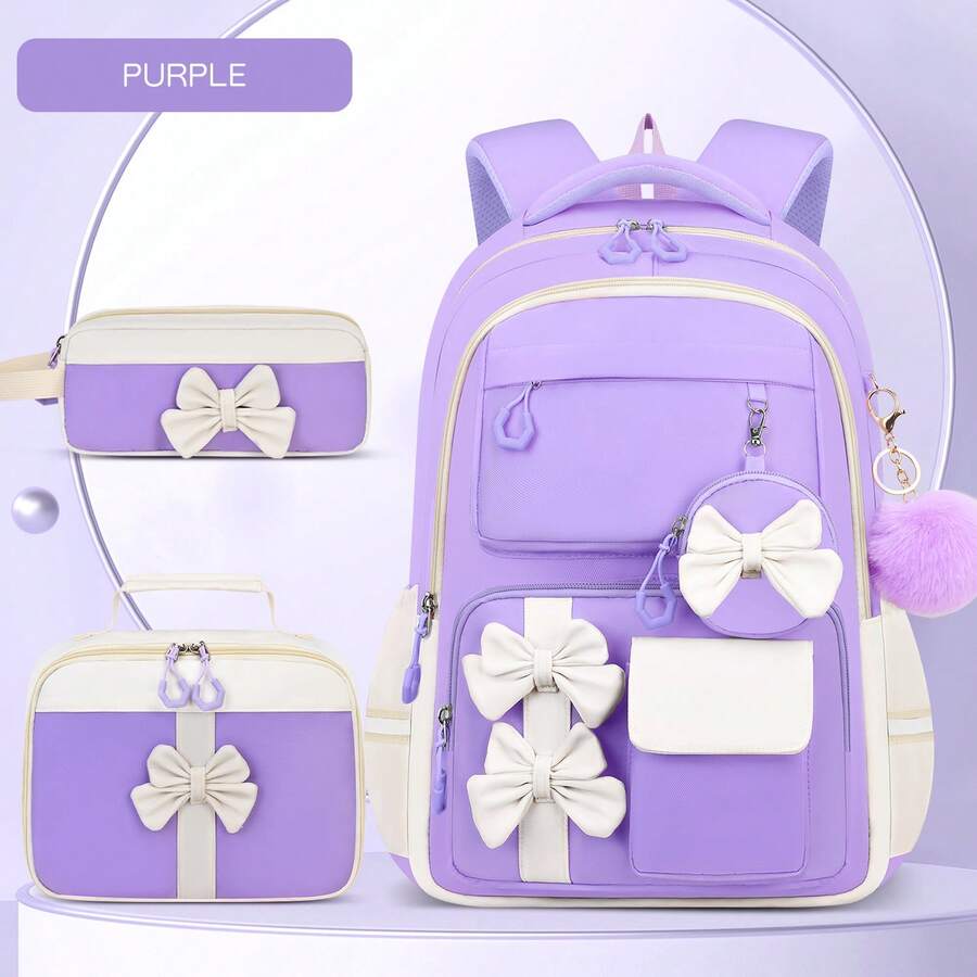 3pcs Campus Backpack, Tote Bag And Storage Pouch Set, With Exquisite Pendant, Bowknot Decoration, Double Zipper Closure, Large Capacity Multi-Layer Design, College Style With Luggage Sleeve, Suitable For Daily Commute - Three-piece Set - View 1
