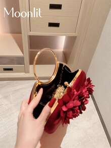 1件酒紅色女款優雅花卉裝飾方盒手拿包，奢華閃亮手鍊手柄手提包，迷人精緻晚宴包，正式派對包，適合情人節約會、舞會、生日派對、晚間聚會等場合 - 酒紅色 - 查看 7