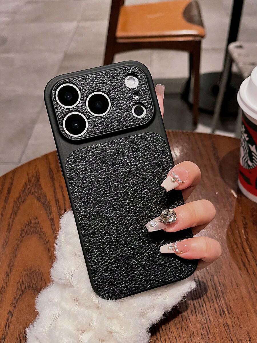1pc Navy Blue Lychee Texture Leather Patchwork Electroplated Frame Hard Shell Phone Case, Compatible With IPhone 17 Pro Max/16/15/14/13/12/11 Pro Plus/16E, Full Large Opening Split Lens Protection Cover, Waterproof Shockproof Anti-Drop Anti-Scratch Business Phone Case - Black - View 1