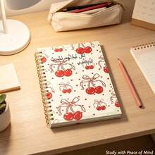 1pc A5 Spiral Bound Arabic Notebook, Sweet Red Cherry Ribbon Bow Heart Print Cover, Vintage Girly Style Study Diary, Muslim Girl Study Gift Stationery - A5-cherry - View 4