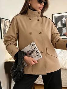 Women Solid High Neck Double Breasted Long Sleeve Short Trench Coat, Casual Loose Commuter Outerwear - Khaki - View 4