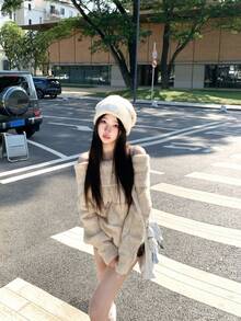 Cold Shoulder Knit Sweater Loose Lazy Style Top Autumn Winter - Apricot - View 8