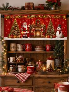 1pc Santa By Fireplace Christmas Kitchen Valance, Classic Holiday Red Polyester Rectangular Rod Pocket Window Topper With Snowflakes, Garland, Christmas Trees And Presents, Xmas Party Winter Home Deco - Multicolor - View 1