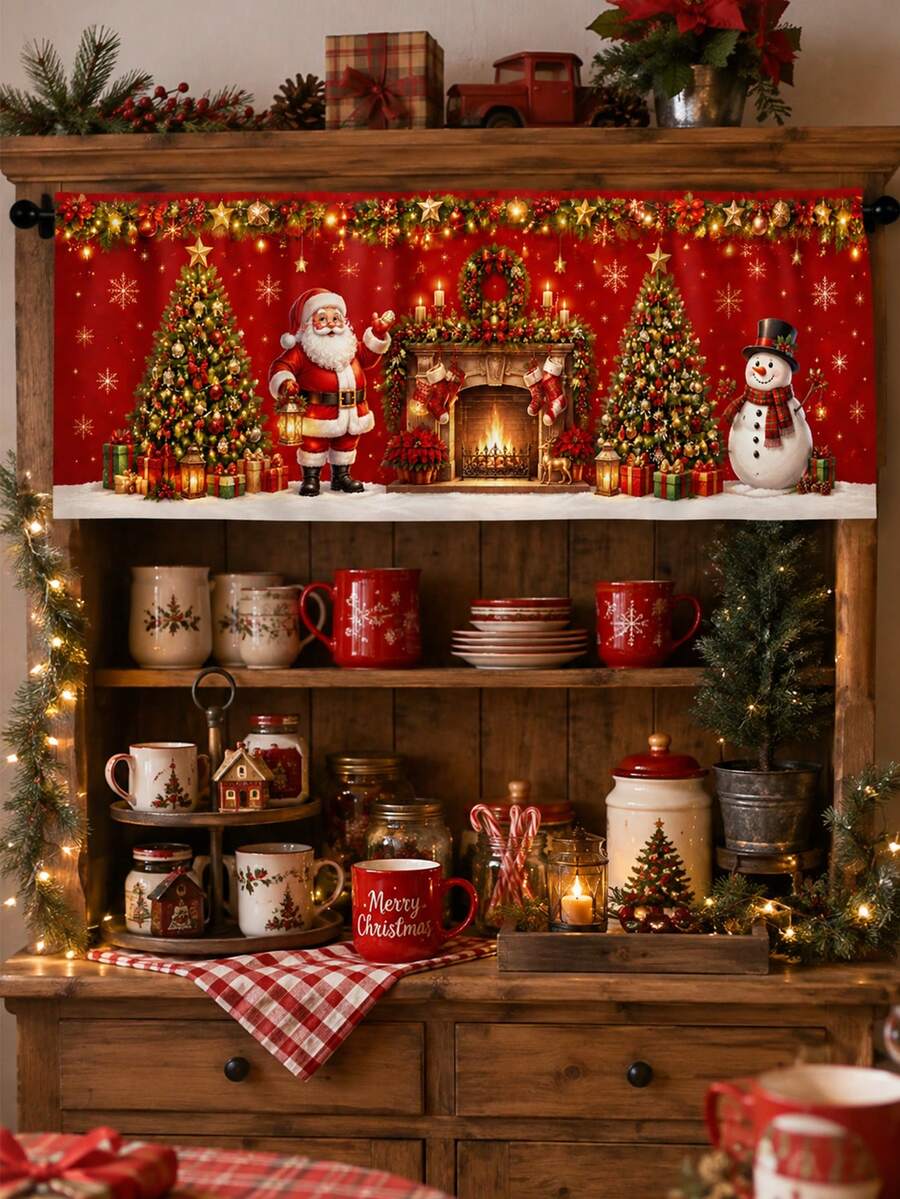1pc Santa By Fireplace Christmas Kitchen Valance, Classic Holiday Red Polyester Rectangular Rod Pocket Window Topper With Snowflakes, Garland, Christmas Trees And Presents, Xmas Party Winter Home Deco - Multicolor - View 1