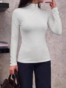 PoPoHouse Fall Winte Women's Basic Solid Sexy Turtleneck Long Sleeve Top, Cuff Metal Button Design Slim‑Fit Y2K Fitted Inner T‑Shirt - White - View 7