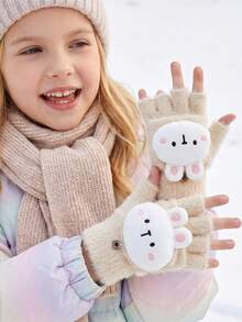 1 Pair 5-15Y Girls Cute 3D Rabbit Flap Half-Finger Plush Gloves, Sweet Accessory, Mid-To-Large Kids, Girls, Autumn/Winter Half-Warm Half-Length Gloves With Exposed Fingers - 1Pair - View 2