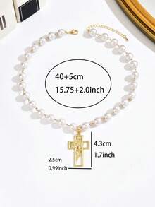 Men Gold‑Tone Hollow Carved Cross Pendant Faux Pearl Beaded Chain Necklace, Retro Hip‑Hop Statement Jewelry - Yellow Gold - View 3