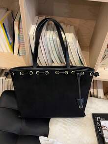 Dedoo Tote Drawstring Bag,Suede With PU Trim, Metal Eyelet Drawstring Design, No Charms Attached, Large Capacity, Autumn Winter Daily Commute For Ladies - Black - View 8